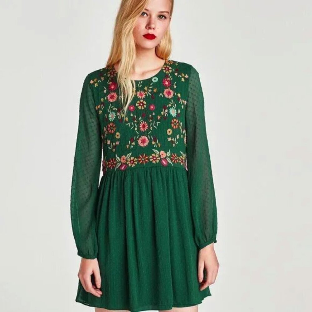 Zara Emerald Floral Embroidered Dress